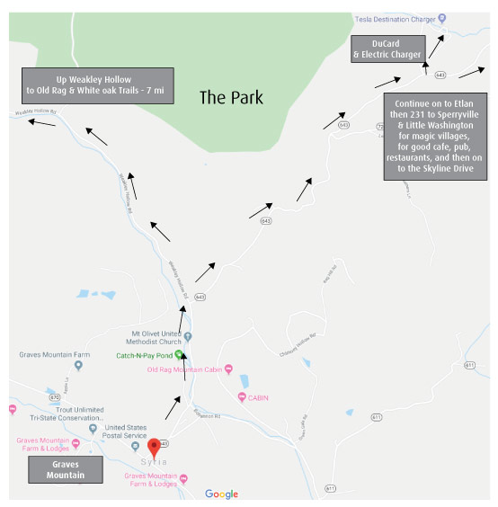 Map showing DuCard Vineyard, Old rag, White oak and on to Sperryville