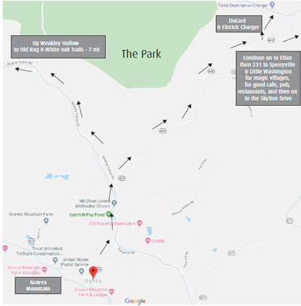 Map from Graves Mountain to Old Rag, Whiteoak Canyon DuCard Vineyard, Etlan & Sperryville