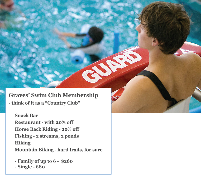 Pool Swim Club at Graves Mountain - like a country club, activities, food at a discount, adventure classes at a discount