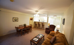 Living area with door to porch and meadow